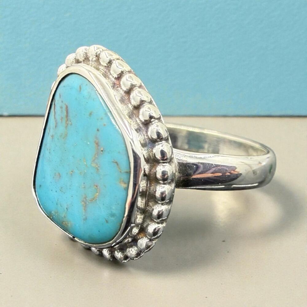 Blue Turquoise Ring 925 Sterling Silver Size 6 Handmade Artisan - Picture 2 of 7